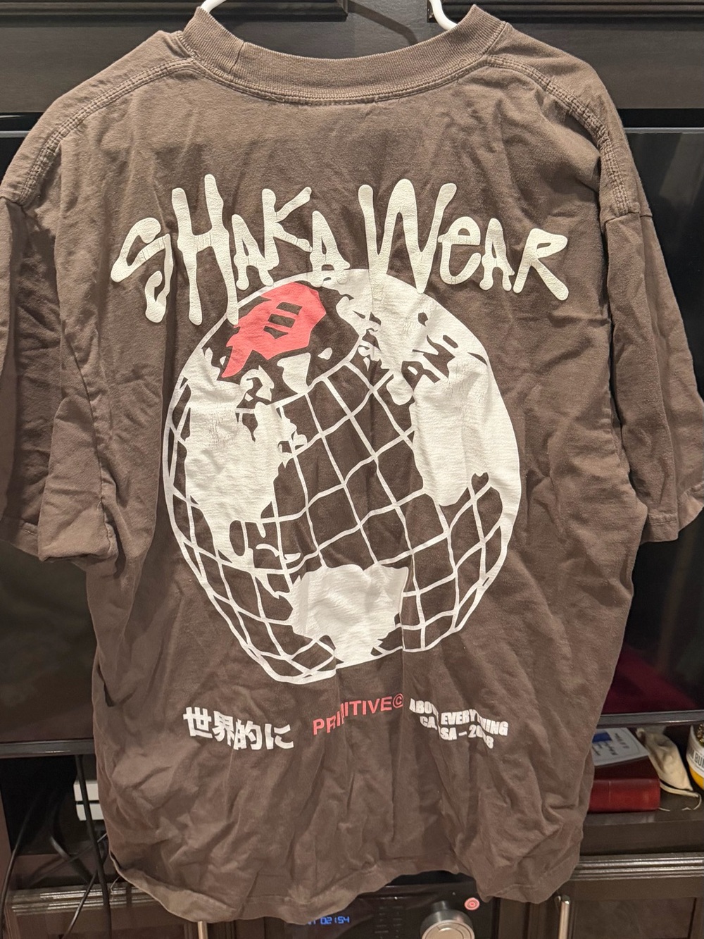 Primitive Brown Short Sleeve Graphic Tee with White Globe
